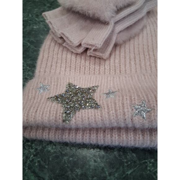 Women’s Pink Beanie & Glove Mittens Sparkle Sequin Star One Size NWT Fuzzy Soft - Picture 2 of 8